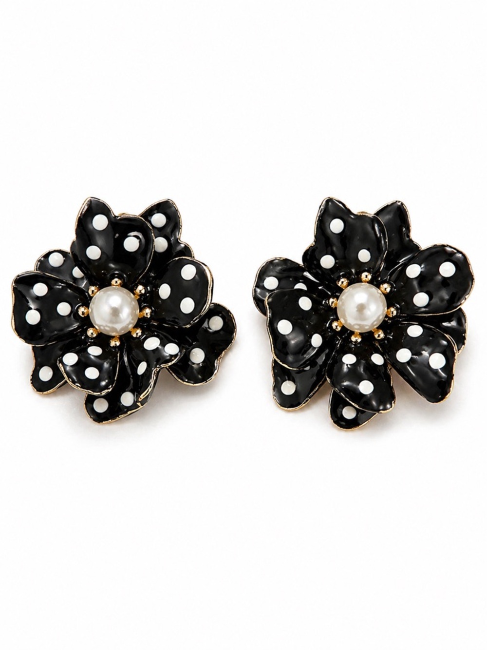Black & White Polka Dot Flower Earrings w/ Faux Pearl Center Gold Tone – Bold